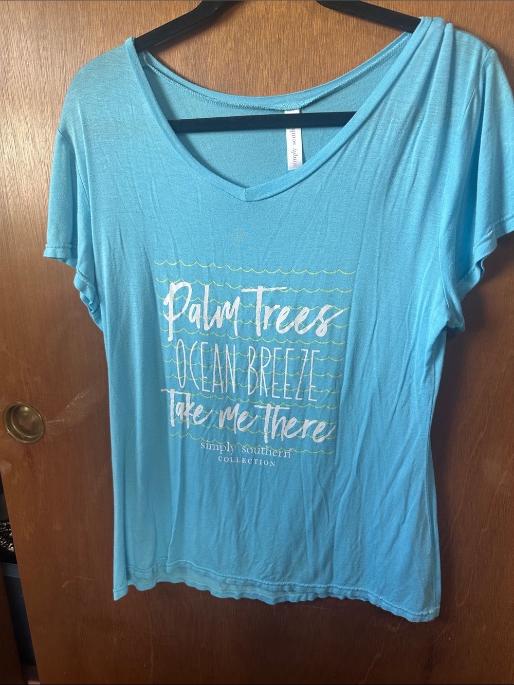 Simply Southern Aqua V-Neck Tee with Palm Trees Graphic